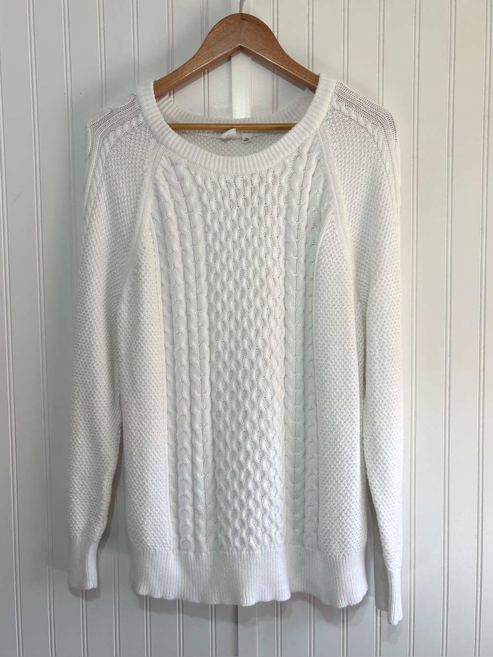 GAP Cable Knit White Chunky Crewneck Sweater 100% Cotton Size XL Fisherman